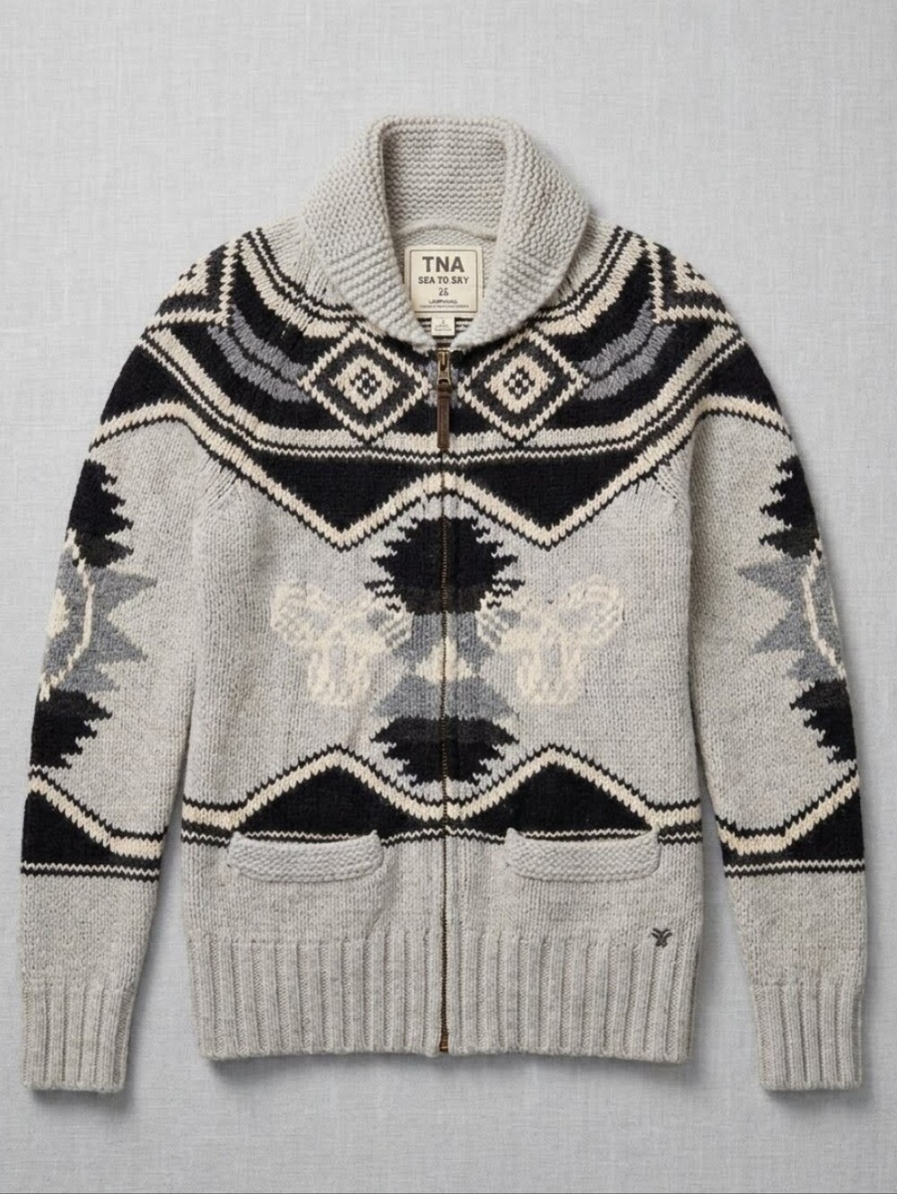 ARITZIA TNA Sea to Sky lambswool sweater shawl collar Fair Isle Cowichan Sz M